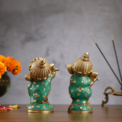 Brassaura™ Set of 2 Baby Lord Ganesha Idols | Brass with Stonework & Golden Accents | Height 5 Inches & Total Weight 2.5 Kgs