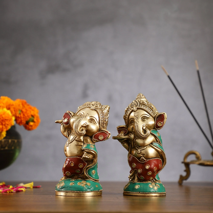 Brassaura™ Set of 2 Baby Lord Ganesha Idols | Brass with Stonework & Golden Accents | Height 5 Inches & Total Weight 2.5 Kgs