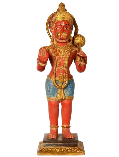 Brassaura® Hanuman Standing Blessing Pose Idol with Vermillion Red and Gold Finish | Pure Superfine Brass Handcrafted Murti | Brass Statue for Home Temple, Pooja Room | Height 23 Inches | Weight 12.8 Kgs