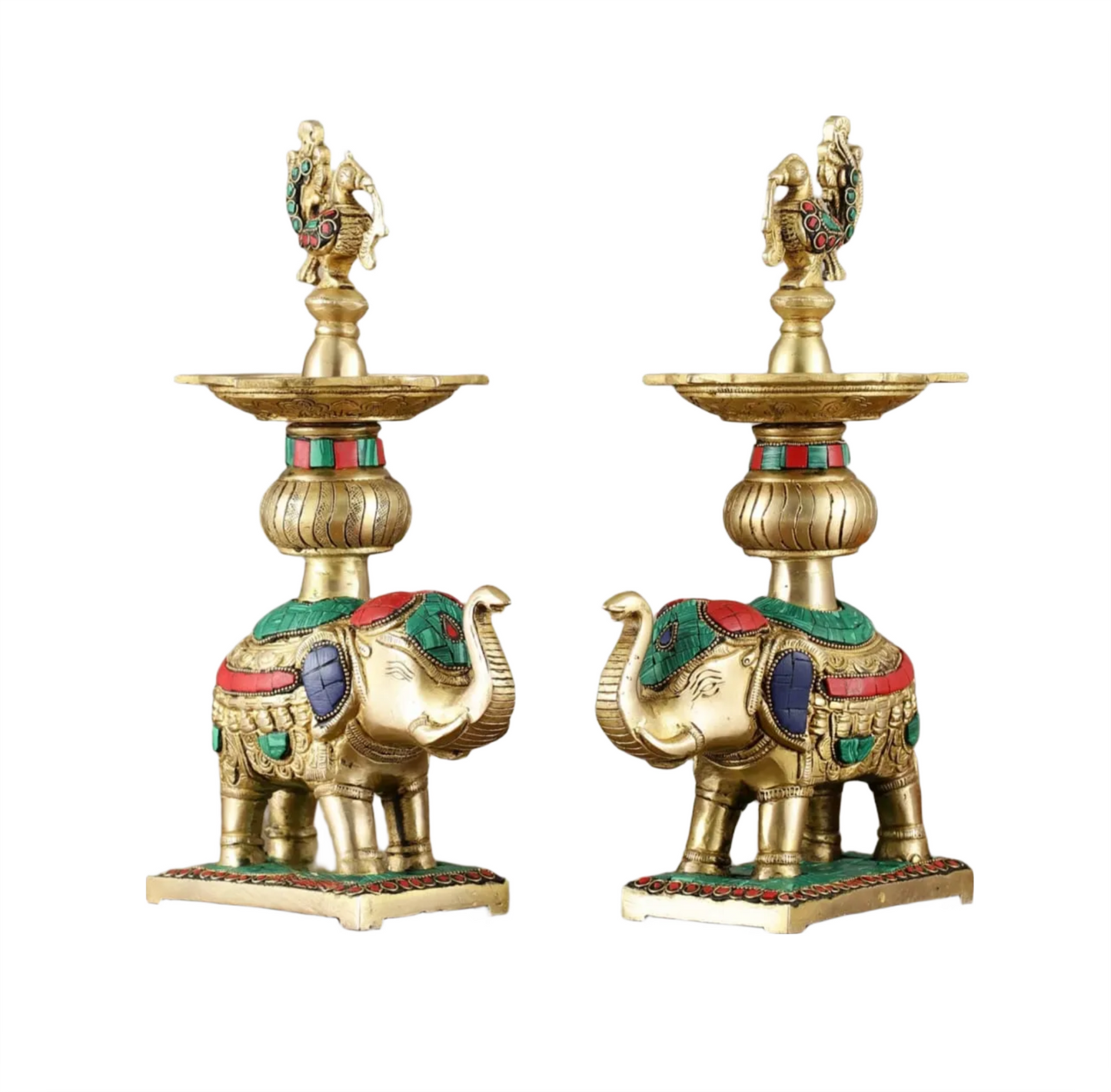 Brassaura™ Pair of Brass Elephants Holding Peacock Lamps – Height 11.5 Inches | Traditional Oil Lamps, 6 Kgs