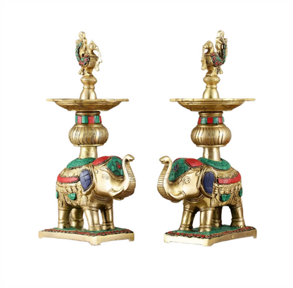 Brassaura™ Pair of Brass Elephants Holding Peacock Lamps – Height 11.5 Inches | Traditional Oil Lamps, 6 Kgs