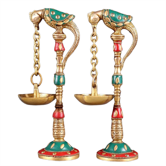 Brassaura™ Brass Parrot Oil Lamps with Stonework – Height 7 Inches | Pair of Traditional Lamps, 1 Kg