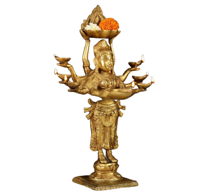 Brassaura™ Brass Deep Lakshmi Idol with Ten Hands – Height 15 Inches | Handcrafted Goddess Statue, 4 Kgs