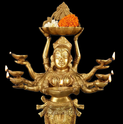 Brassaura™ Brass Deep Lakshmi Idol with Ten Hands – Height 15 Inches | Handcrafted Goddess Statue, 4 Kgs