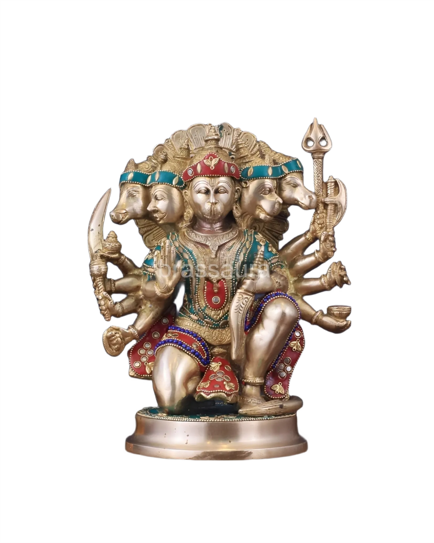 Brassaura™ Brass Panchmukhi Hanuman Idol – Height 11 Inches & Weight 6.6 Kgs | Handcrafted with Natural Stones