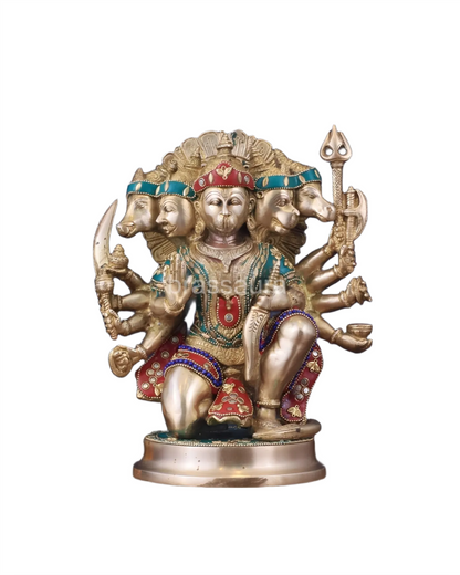 Brassaura™ Brass Panchmukhi Hanuman Idol – Height 11 Inches & Weight 6.6 Kgs | Handcrafted with Natural Stones