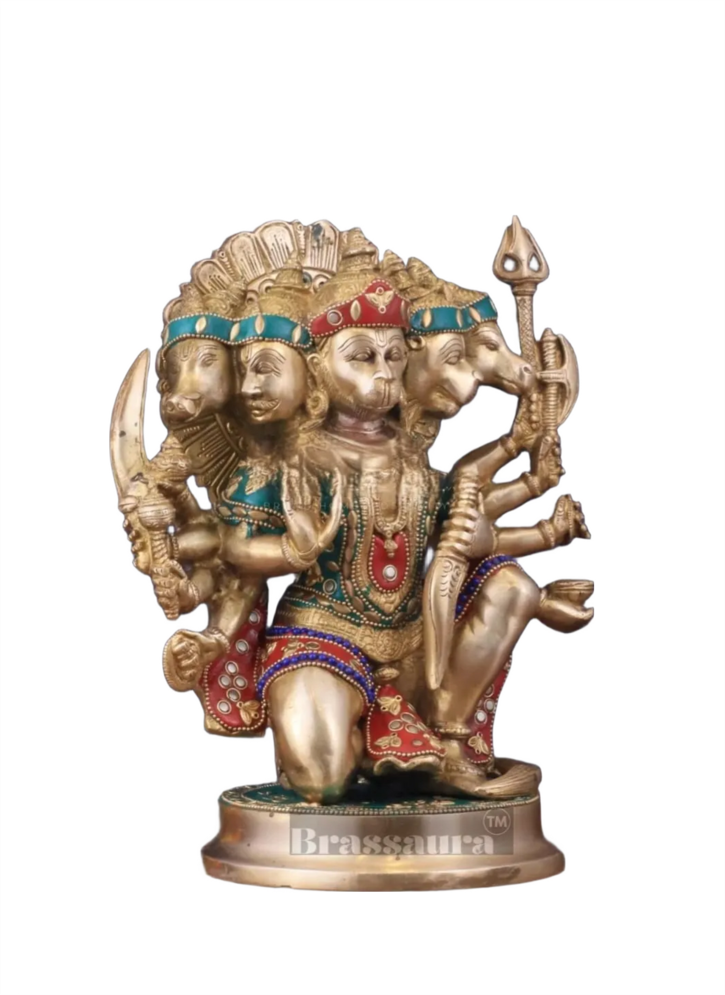 Brassaura™ Brass Panchmukhi Hanuman Idol – Height 11 Inches & Weight 6.6 Kgs | Handcrafted with Natural Stones