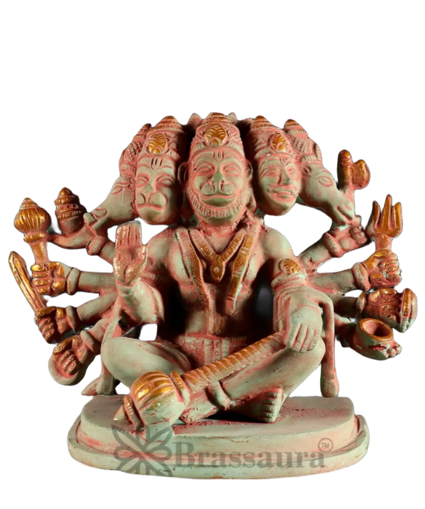 Brassaura™ Handcrafted Pure Brass Panchmukhi Hanuman Idol – Height 6 Inches & Weight 2.5 Kgs | Antique Green Sand Finish