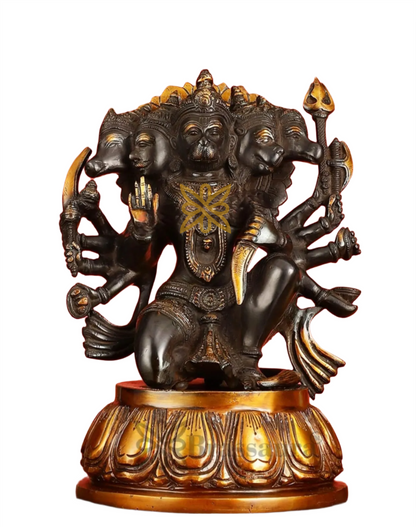 Brassaura™ Pure Brass Panchmukhi Hanuman Idol – Height 13.5 Inches & Weight 9 Kgs | Heat-Treated Black & Gold Finish