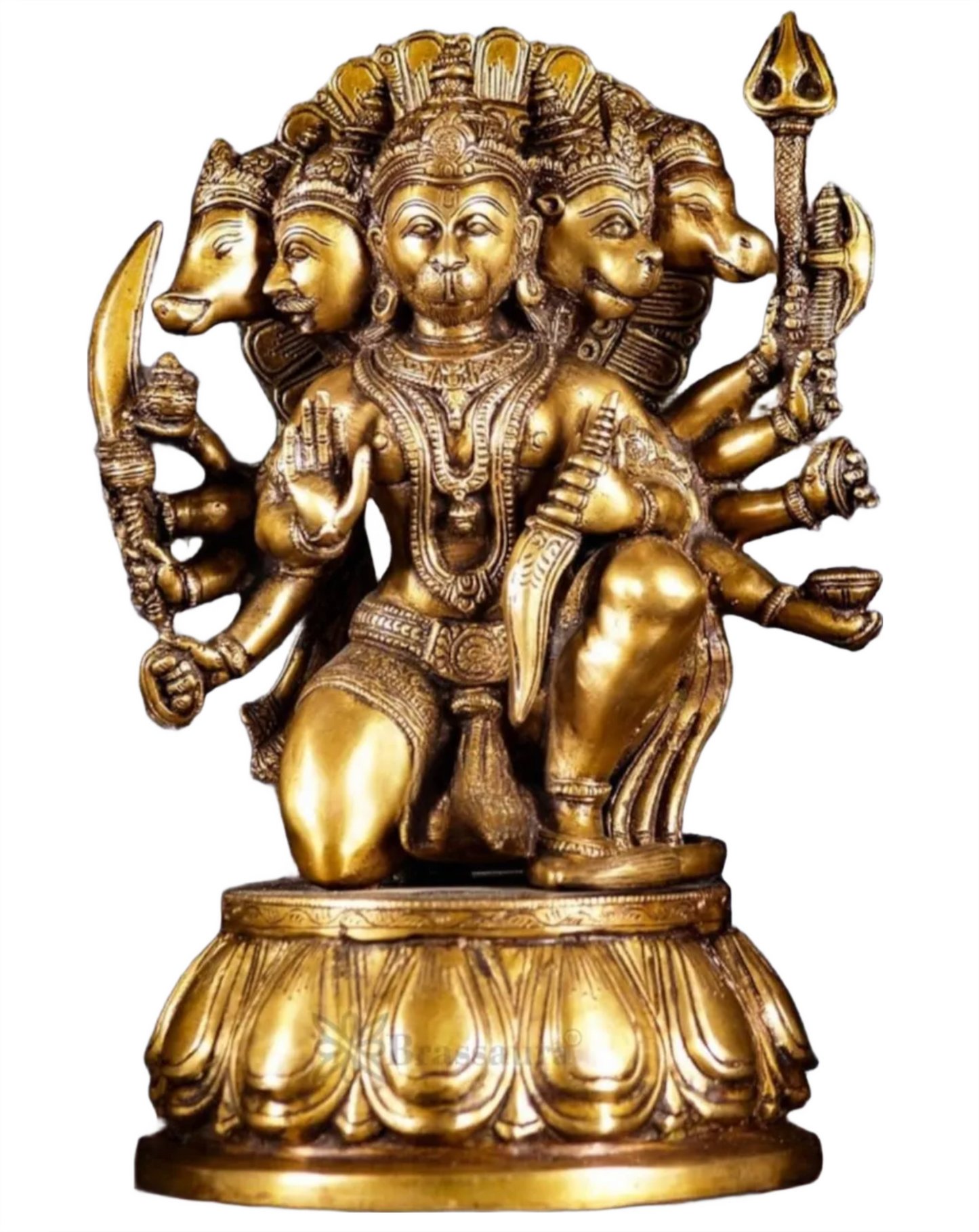 Brassaura™ Handcrafted Superfine Brass Panchmukhi Hanuman Idol – Height 13.5 Inches & Weight 9 Kgs | Heat-Treated Golden Finish