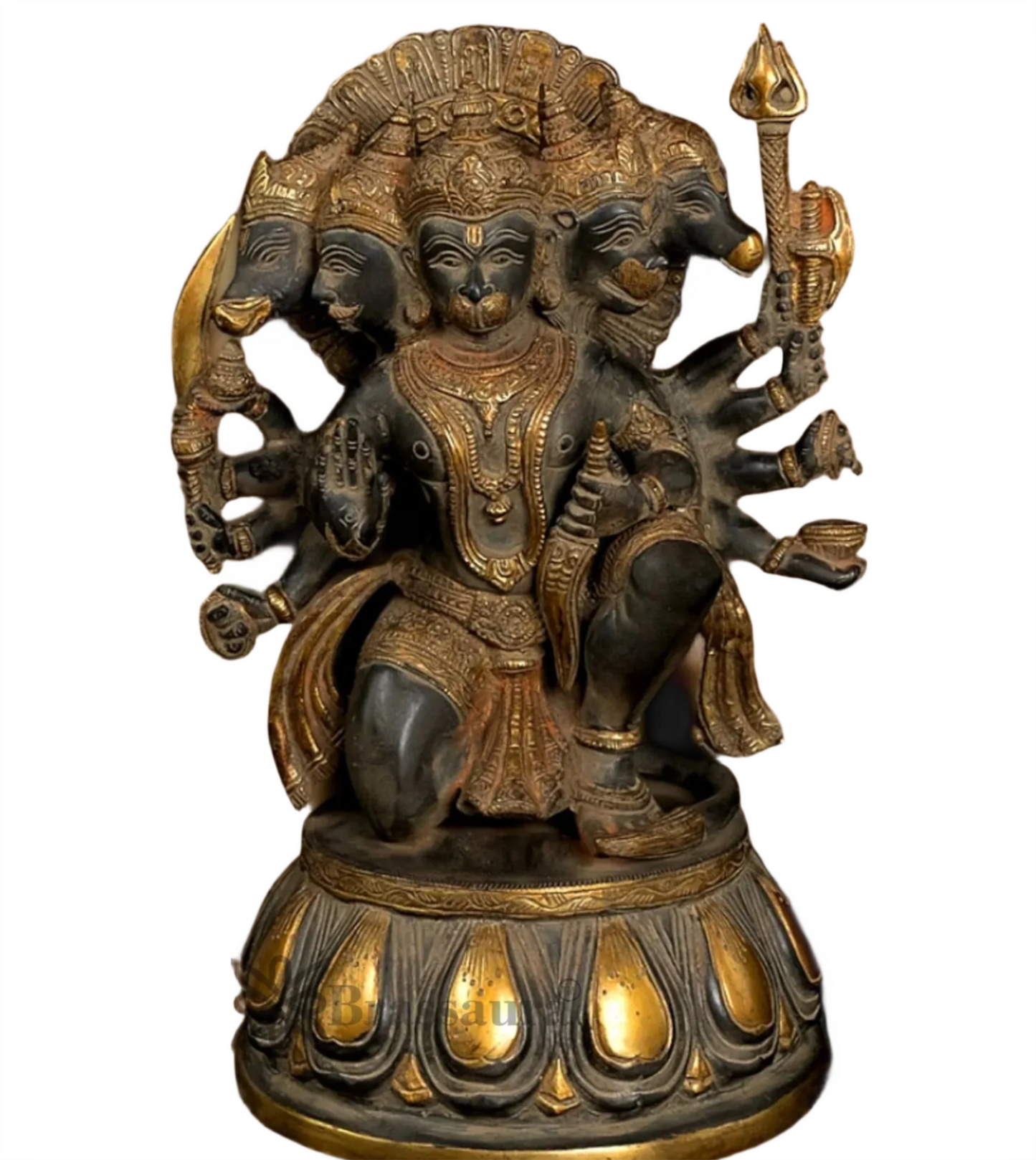Brassaura™ Handcrafted Superfine Brass Panchmukhi Hanuman Idol – Height 13.5 Inches & Weight 9 Kgs | Heat-Treated Sandstone Finish