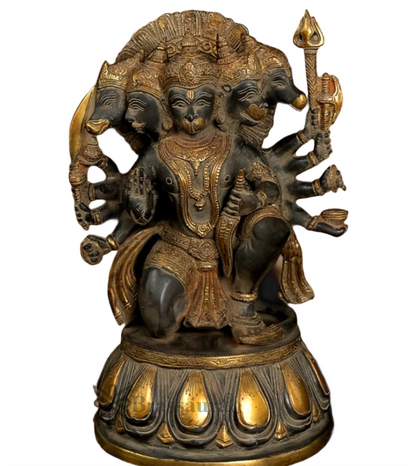 Brassaura™ Handcrafted Superfine Brass Panchmukhi Hanuman Idol – Height 13.5 Inches & Weight 9 Kgs | Heat-Treated Sandstone Finish