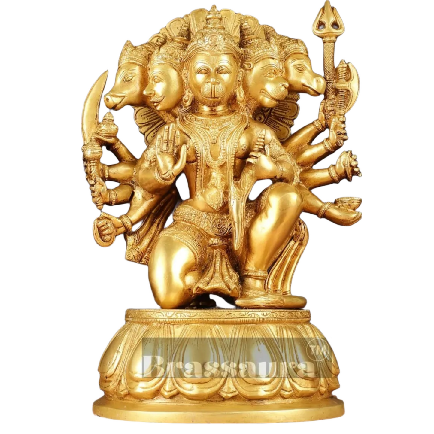 Brassaura™ Handcrafted Superfine Brass Panchmukhi Hanuman Idol – Height 13.5 Inches & Weight 9 Kgs | Heat-Treated Golden Permanent Finish