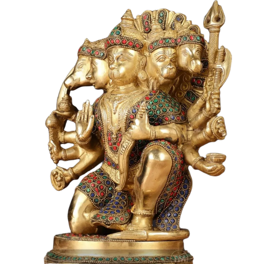 Brassaura™ Handmade Panchmukhi Hanuman Idol – Height 11 Inches & Weight 6.6 Kgs | Golden Finish
