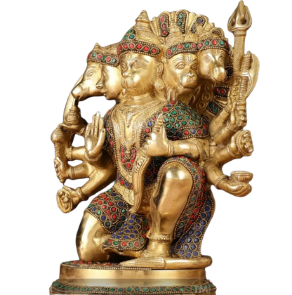 Brassaura™ Handmade Panchmukhi Hanuman Idol – Height 11 Inches & Weight 6.6 Kgs | Golden Finish