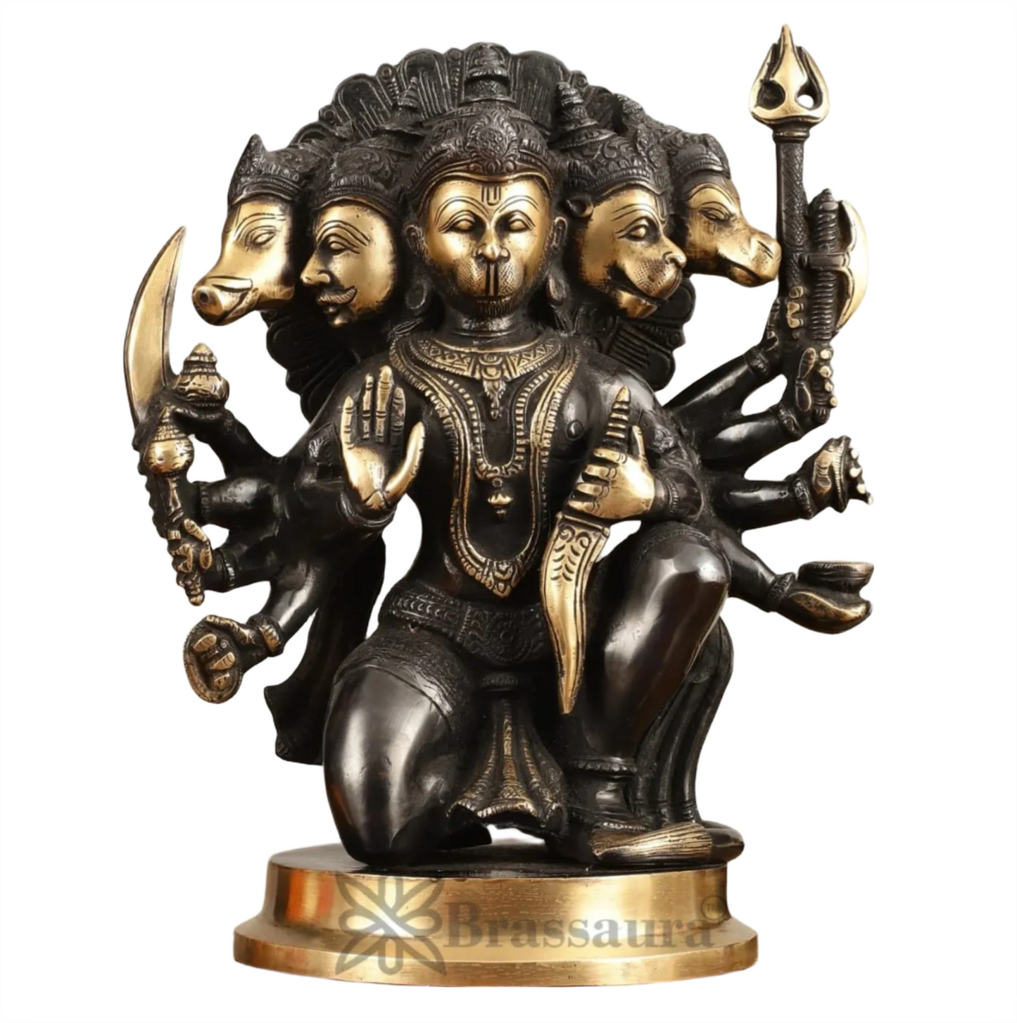 Brassaura™ Handmade Superfine Brass Panchmukhi Hanuman Idol – Height 11 Inches & Weight 6.6 Kgs | Black & Gold Heat-Treated Finish
