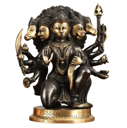 Brassaura™ Handmade Superfine Brass Panchmukhi Hanuman Idol – Height 11 Inches & Weight 6.6 Kgs | Black & Gold Heat-Treated Finish