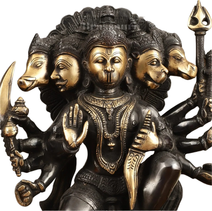 Brassaura™ Handmade Superfine Brass Panchmukhi Hanuman Idol – Height 11 Inches & Weight 6.6 Kgs | Black & Gold Heat-Treated Finish