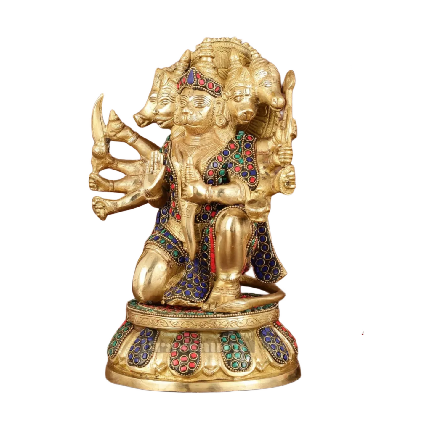 Brassaura™ Brass Superfine Panchmukhi Hanuman Idol – Height 10 Inches & Weight 7 Kgs | Stonework