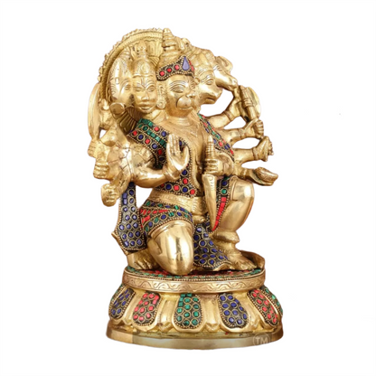 Brassaura™ Brass Superfine Panchmukhi Hanuman Idol – Height 10 Inches & Weight 7 Kgs | Stonework