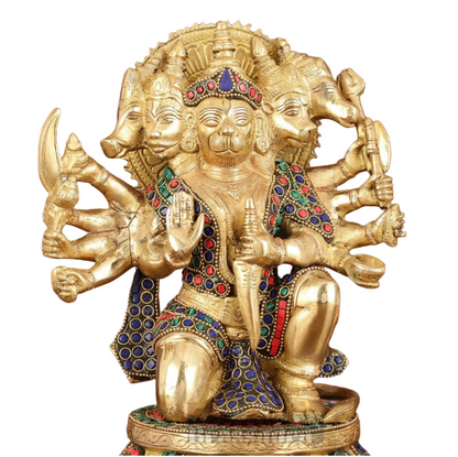 Brassaura™ Brass Superfine Panchmukhi Hanuman Idol – Height 10 Inches & Weight 7 Kgs | Stonework