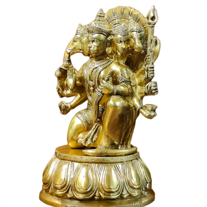Brassaura™ Handcrafted Superfine Brass Panchmukhi Hanuman Idol – Height 13.5 Inches & Weight 9 Kgs | Heat-Treated Golden Permanent Finish