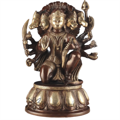 Brassaura™ Brass Panchmukhi Hanuman Idol – Height 13.5 Inches & Weight 9 Kgs | Dual Tone Chola Finish