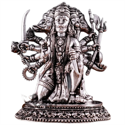 Brassaura™ Pure Brass Silver-Plated Panchmukhi Hanuman Idol – Height 4.5 Inches & Weight 450g | Handcrafted Miniature Idol
