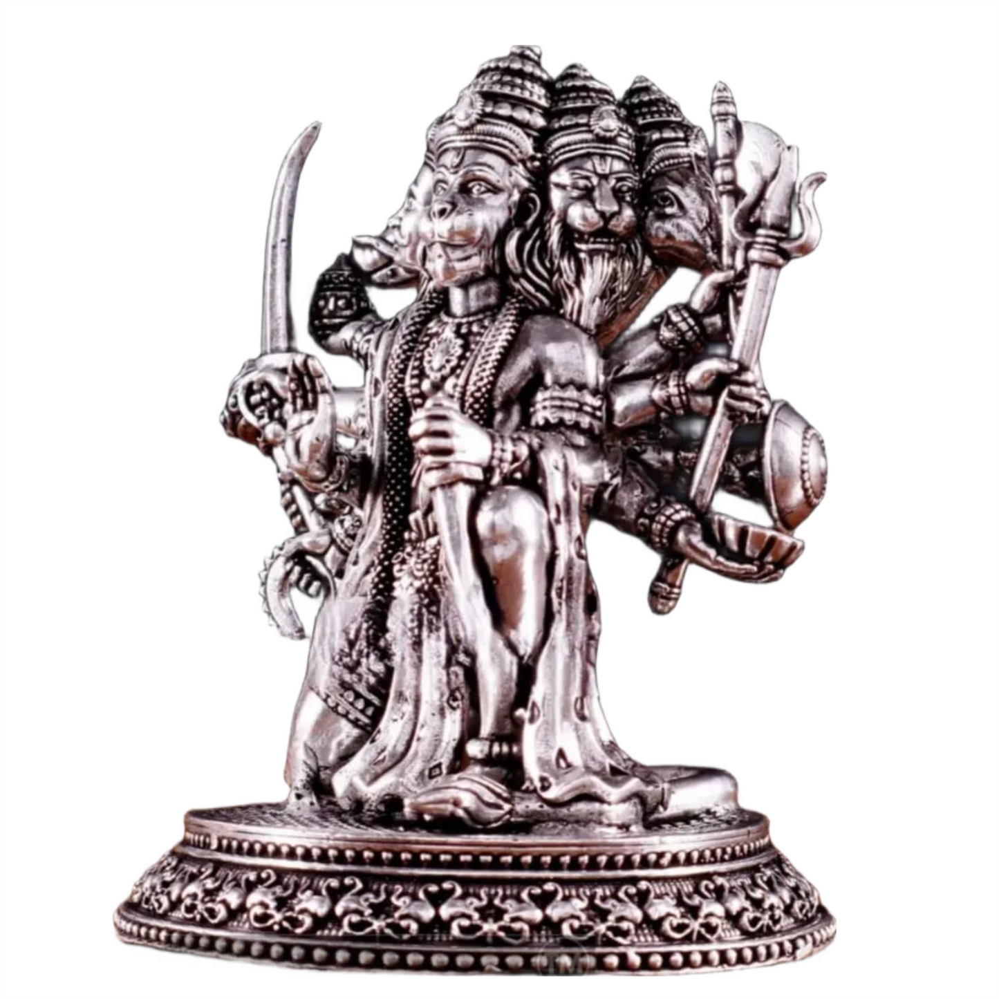 Brassaura™ Pure Brass Silver-Plated Panchmukhi Hanuman Idol – Height 4.5 Inches & Weight 450g | Handcrafted Miniature Idol