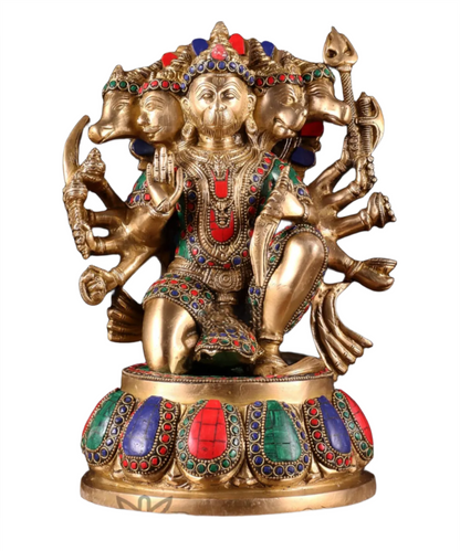 Brassaura™ Handcrafted Superfine Brass Panchmukhi Hanuman Idol – Height 13.5 Inches & Weight 9 Kgs | Meenakari Stonework