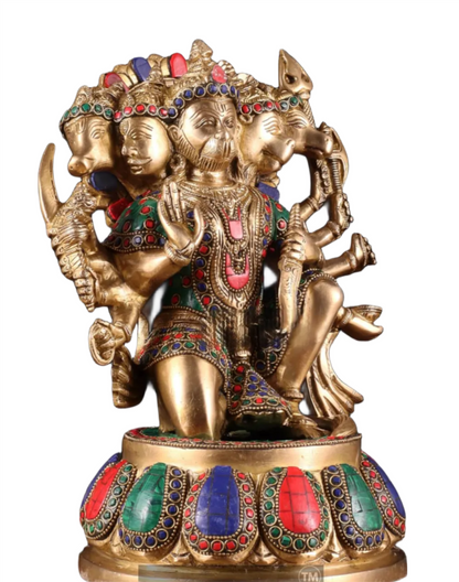 Brassaura™ Handcrafted Superfine Brass Panchmukhi Hanuman Idol – Height 13.5 Inches & Weight 9 Kgs | Meenakari Stonework