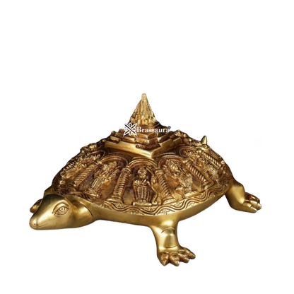 Brassaura™ Brass Dashavatara Vishnu Statue with Shree Yantra & Vastu Tortoise – Height 6" & Weight 6.5 Kgs | Gold Finish