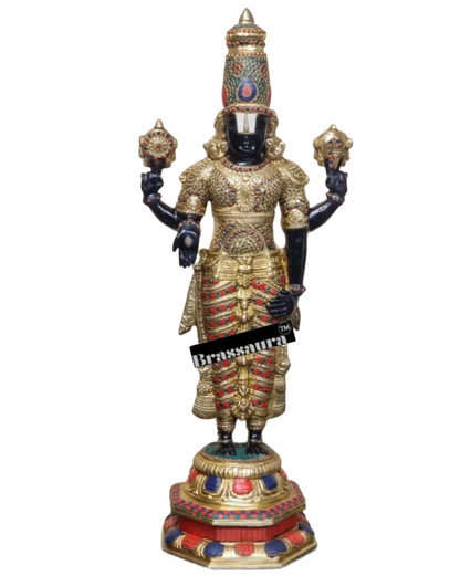 Handcrafted Brass Tirupati Balaji with Garuda – Height 33.5 Inches (22 Kgs) & 22 Inches (10 Kgs) | Black & Golden Finish