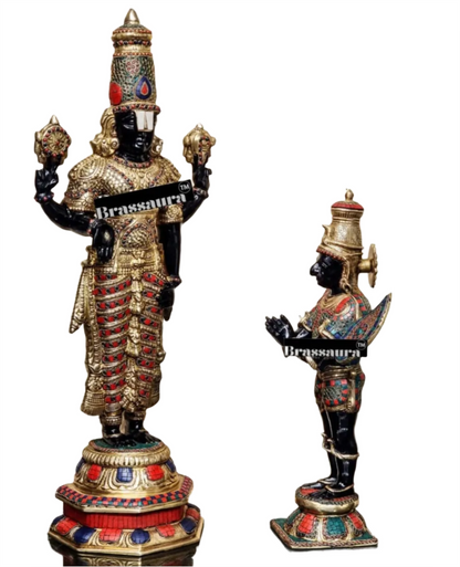 Handcrafted Brass Tirupati Balaji with Garuda – Height 33.5 Inches (22 Kgs) & 22 Inches (10 Kgs) | Black & Golden Finish