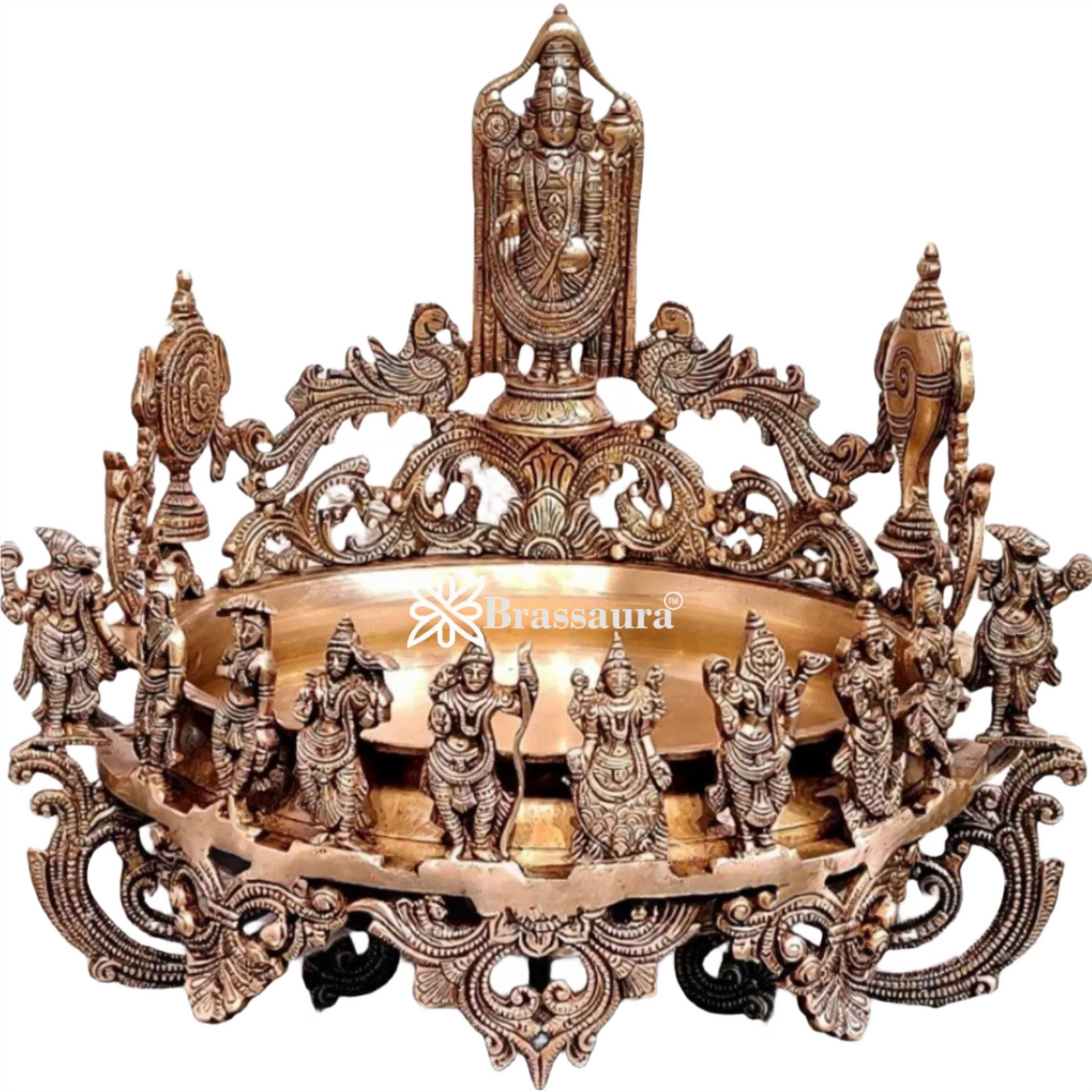 It's a large Traditional Urli with Lord tirupati balaji and 10 incarnations of Lord Vishnu. Material: Superfine Brass Height 16.5 inches Width 17 inches Depth 17 inches Weight 15 kgs