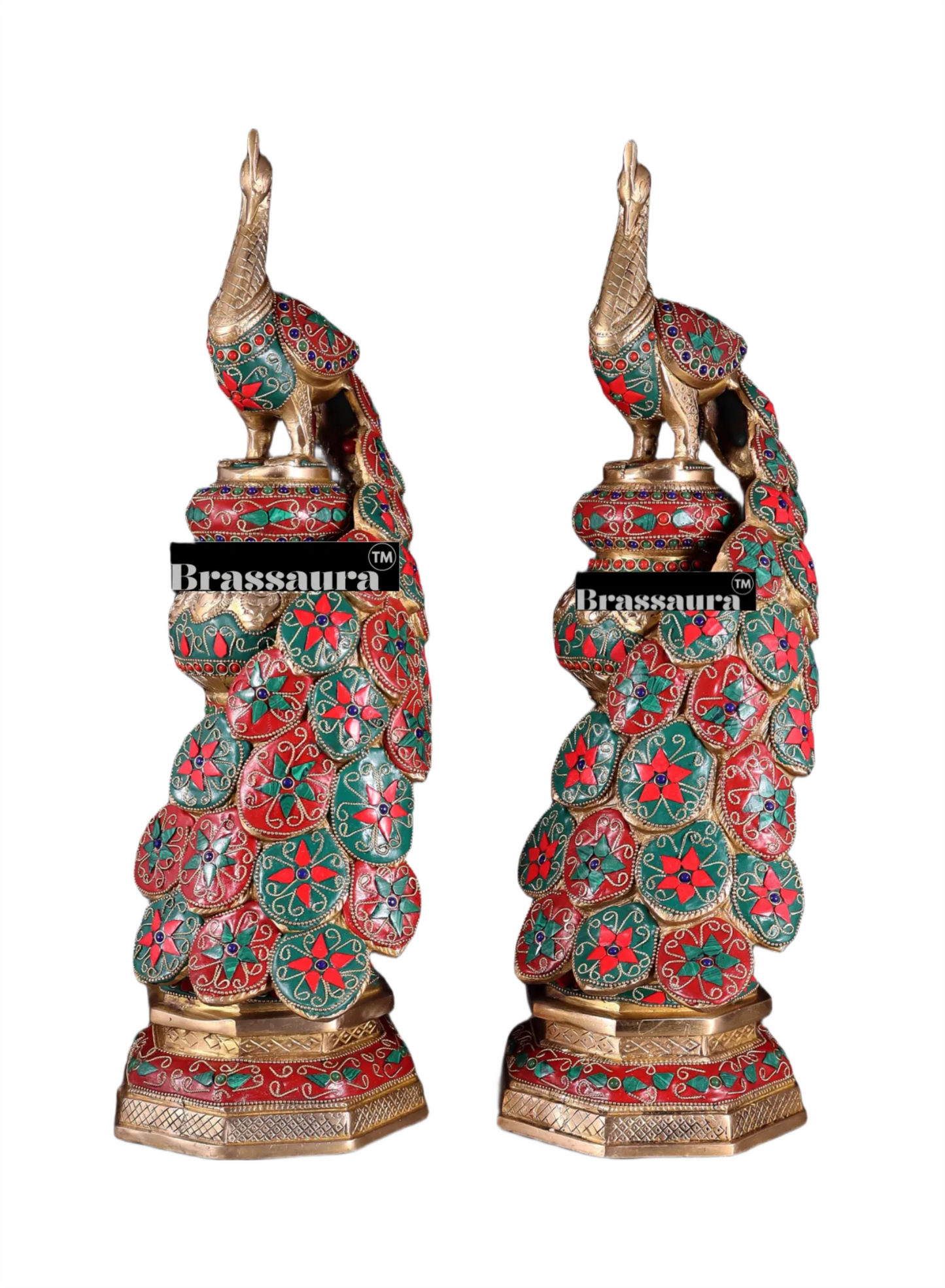 Brassaura™ Brass Peacock Pair with Floral Meenakari Detailing – Height 20 Inches & Weight 17 Kgs (Pair