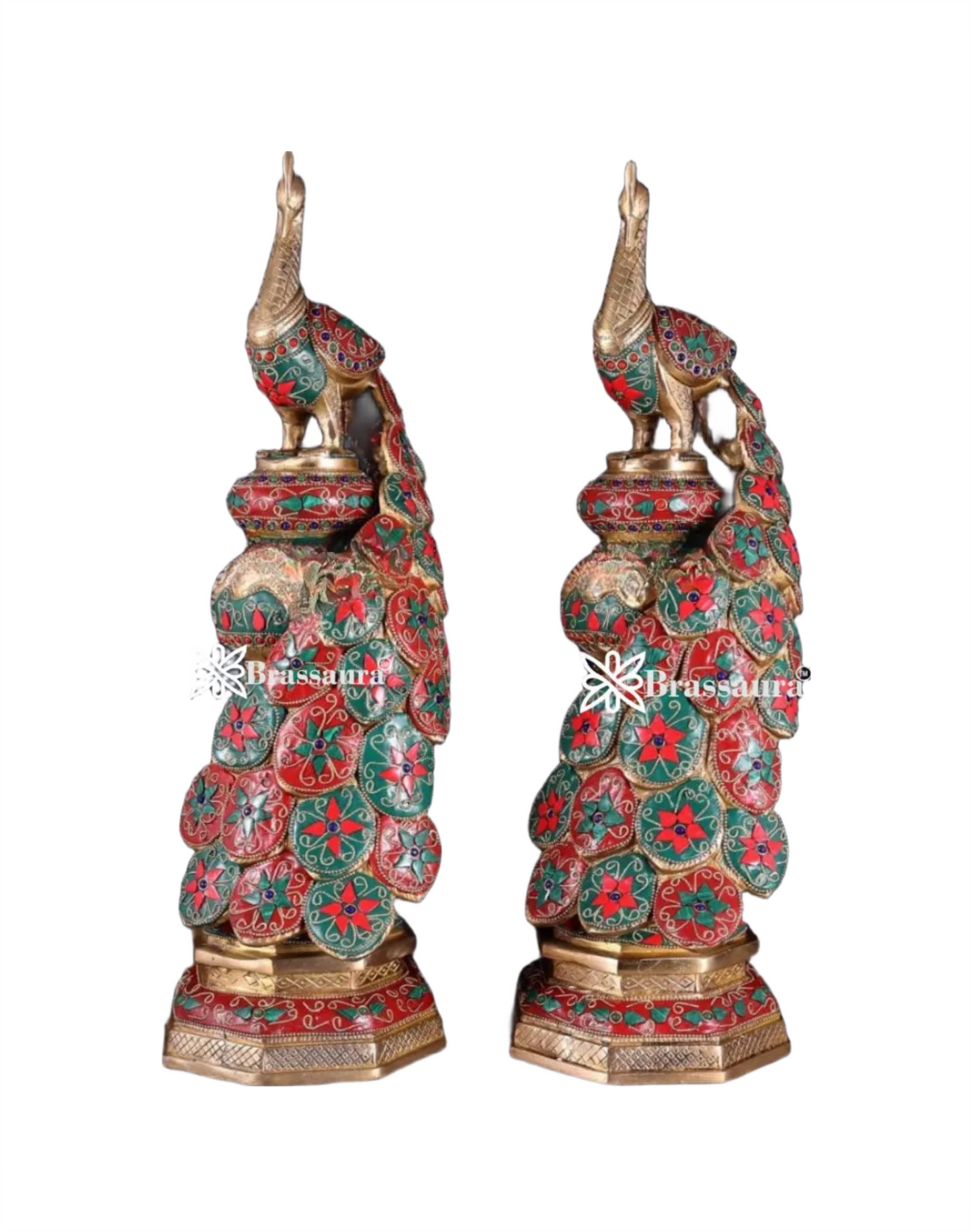 Brassaura™ Brass Peacock Pair with Floral Meenakari Detailing – Height 20 Inches & Weight 17 Kgs (Pair