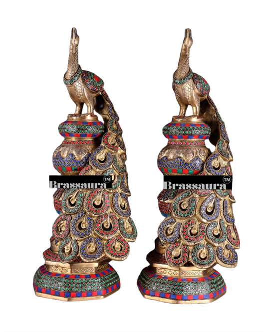 Brassaura™ Brass Peacock Pair with Meenakari Detailing – Height 20 Inches & Weight 17 Kgs (Pair)