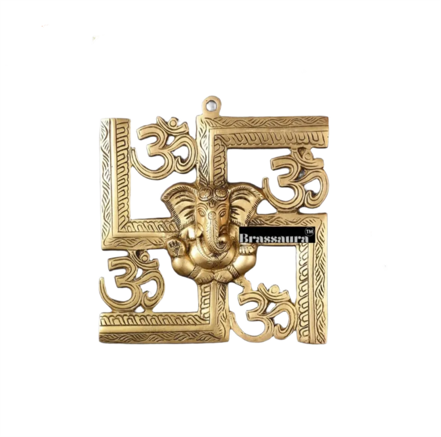 Brassaura™ Brass Swastik Wall Hanging with Lord Ganesha – Height 8.5 Inches & Weight 1.1 Kgs