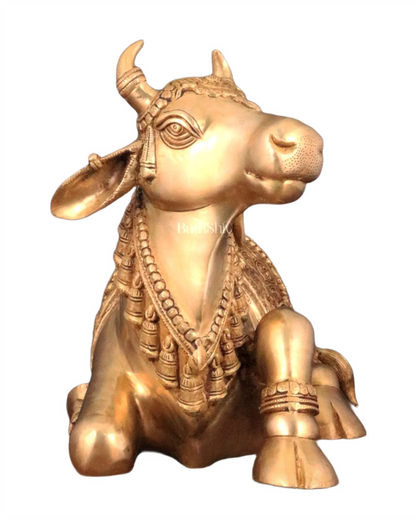 Brassaura™ Pure Brass Nandi Statue with Three Shivling – Height 8 Inches & Weight 5.5 Kgs | Intricately Carved Sand Finish Idol