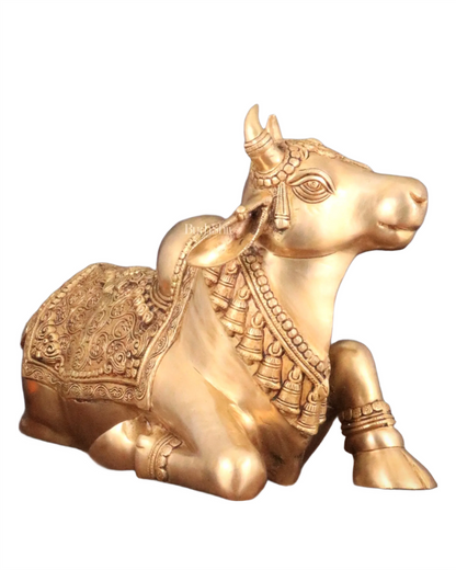 Brassaura™ Pure Brass Nandi Statue with Three Shivling – Height 8 Inches & Weight 5.5 Kgs | Intricately Carved Sand Finish Idol