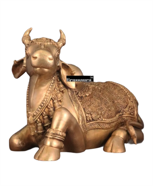 Brassaura™ Handcrafted Brass Nandi Idol – Height 14.5 Inches & Weight 20 Kgs | Vintage Patina Finish