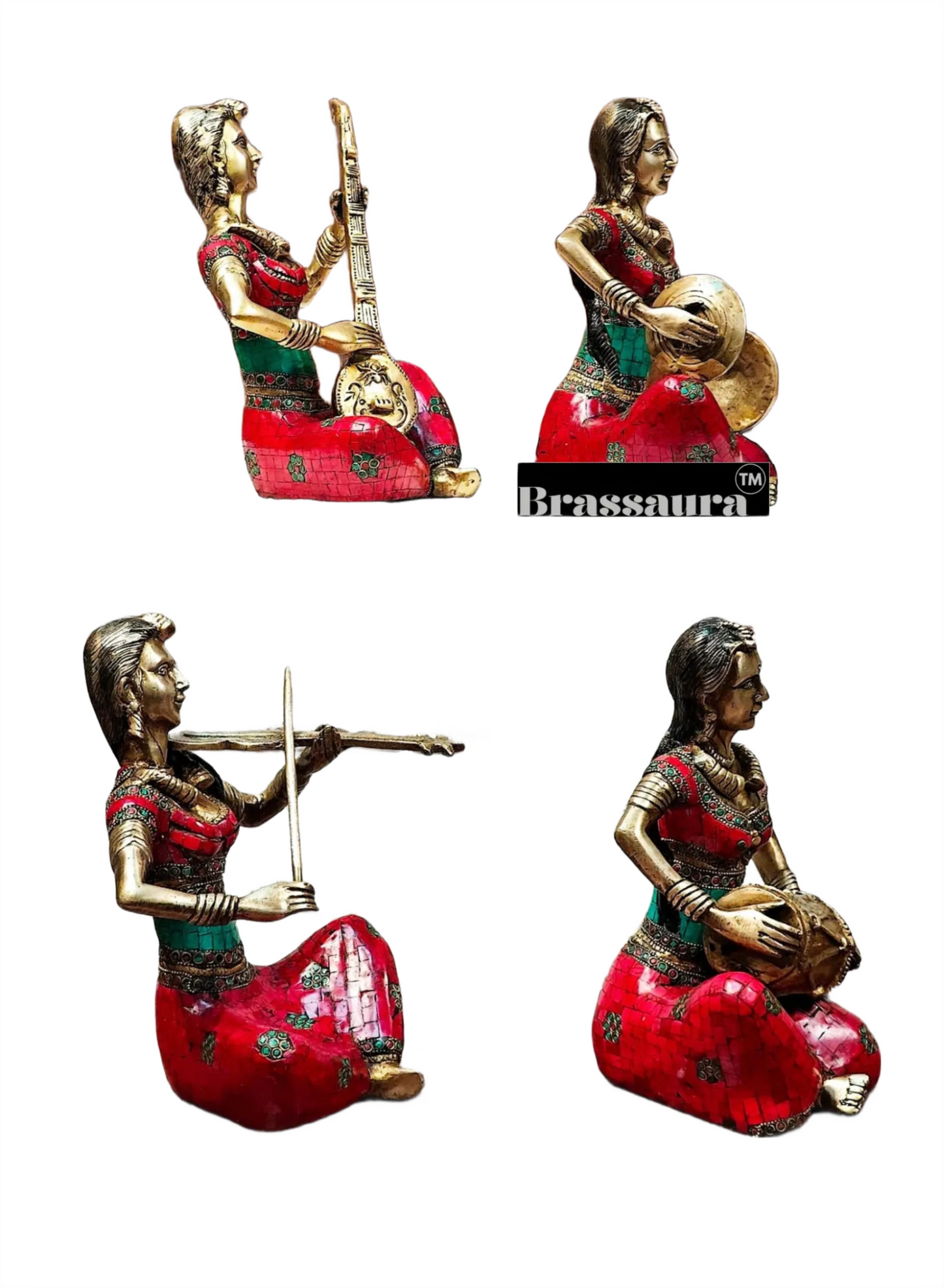 Brassaura™ Brass Tribal Lady Musicians Set – Height 11 Inches Each & Total Weight 21 Kgs (Set of 4)
