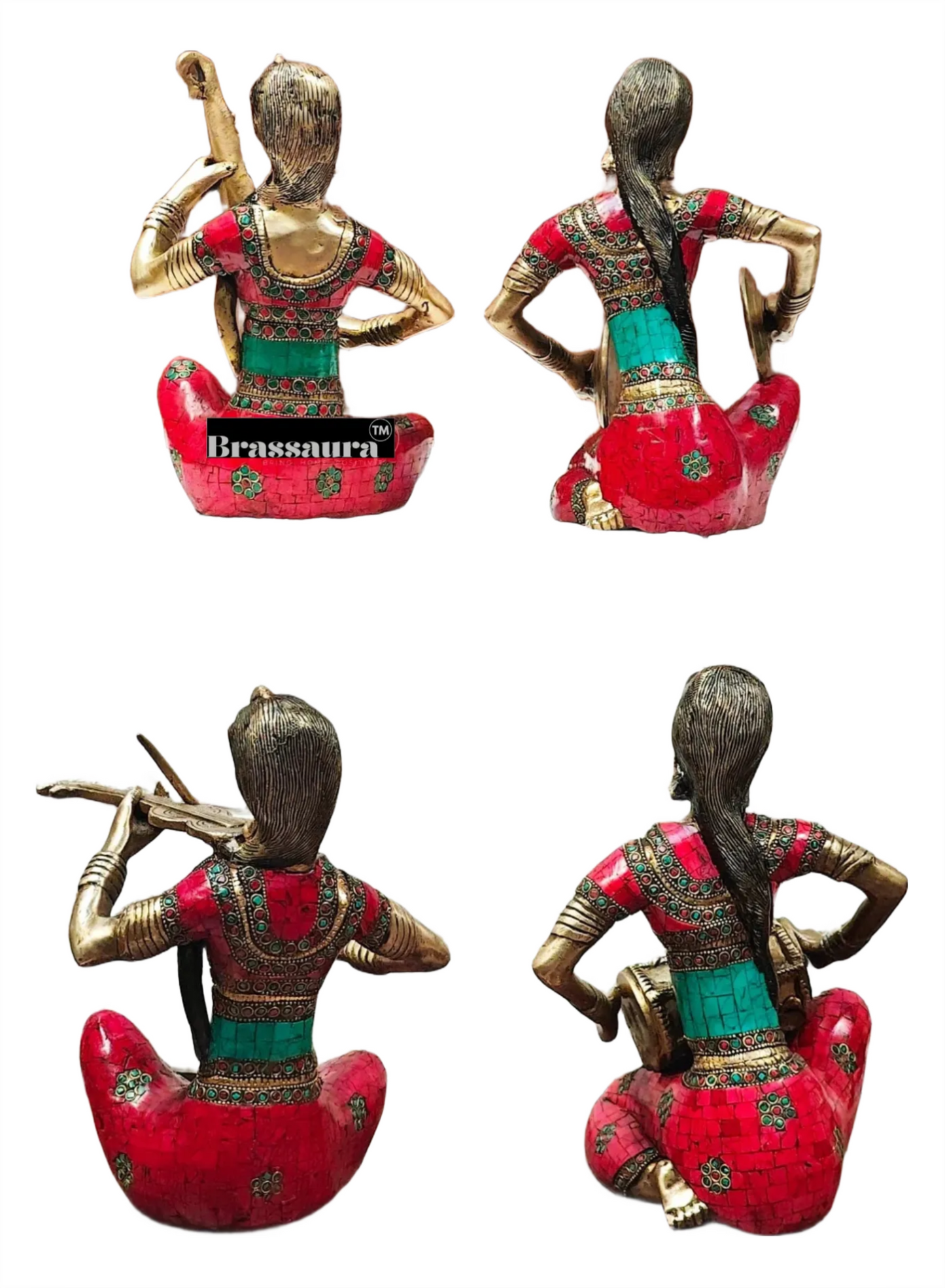 Brassaura™ Brass Tribal Lady Musicians Set – Height 11 Inches Each & Total Weight 21 Kgs (Set of 4)