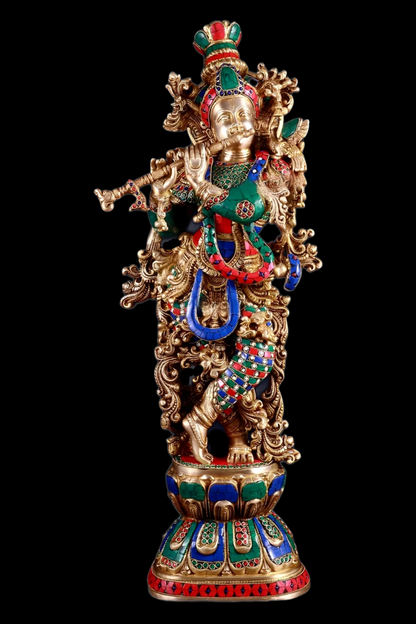 Brassaura™ Brass Krishna Playing Flute Statue with Stonework – Height 29 Inches & Weight 20 Kgs
