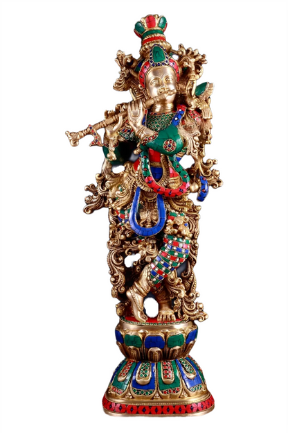 Brassaura™ Brass Krishna Playing Flute Statue with Stonework – Height 29 Inches & Weight 20 Kgs