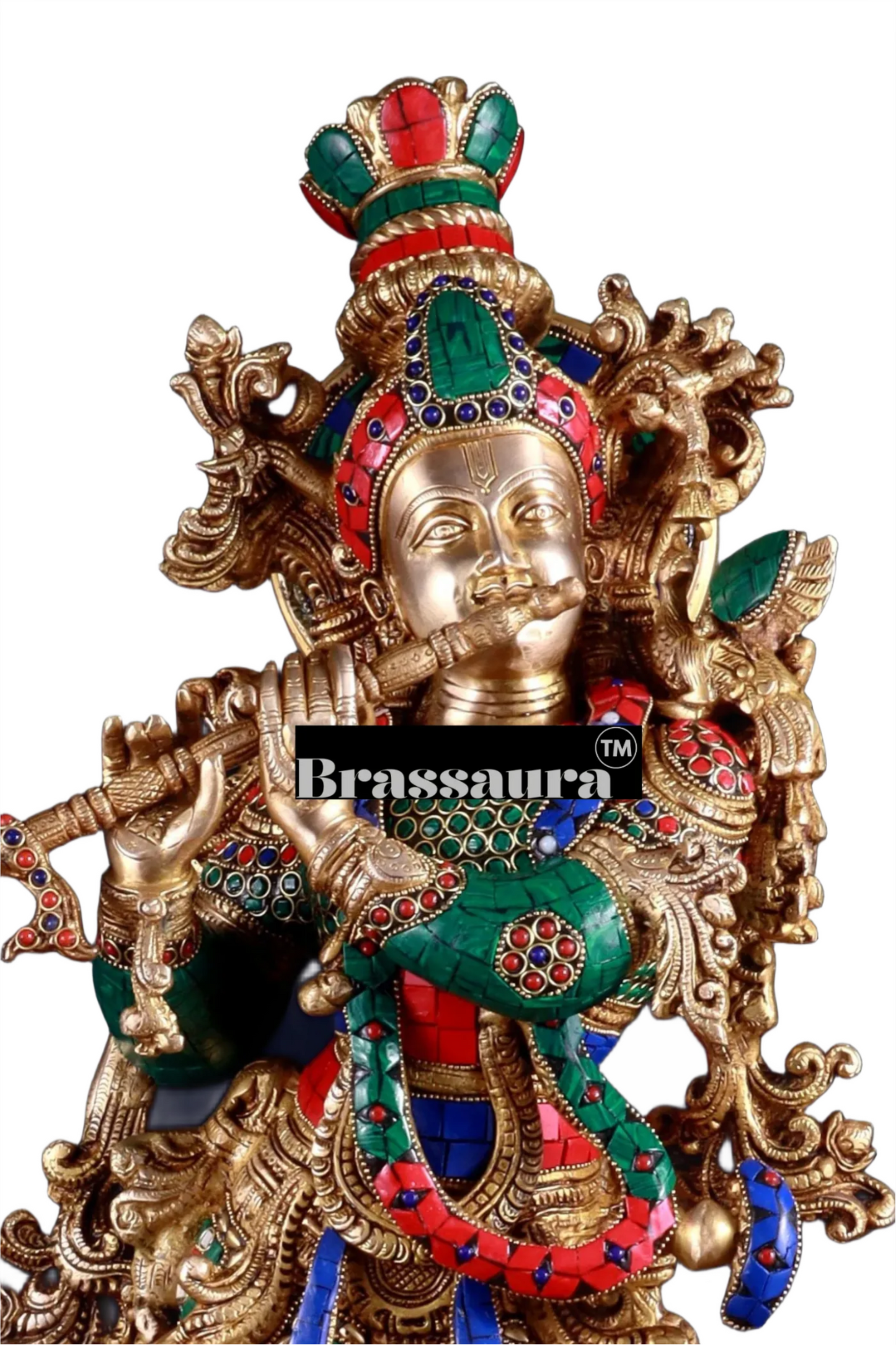 Brassaura™ Brass Krishna Playing Flute Statue with Stonework – Height 29 Inches & Weight 20 Kgs