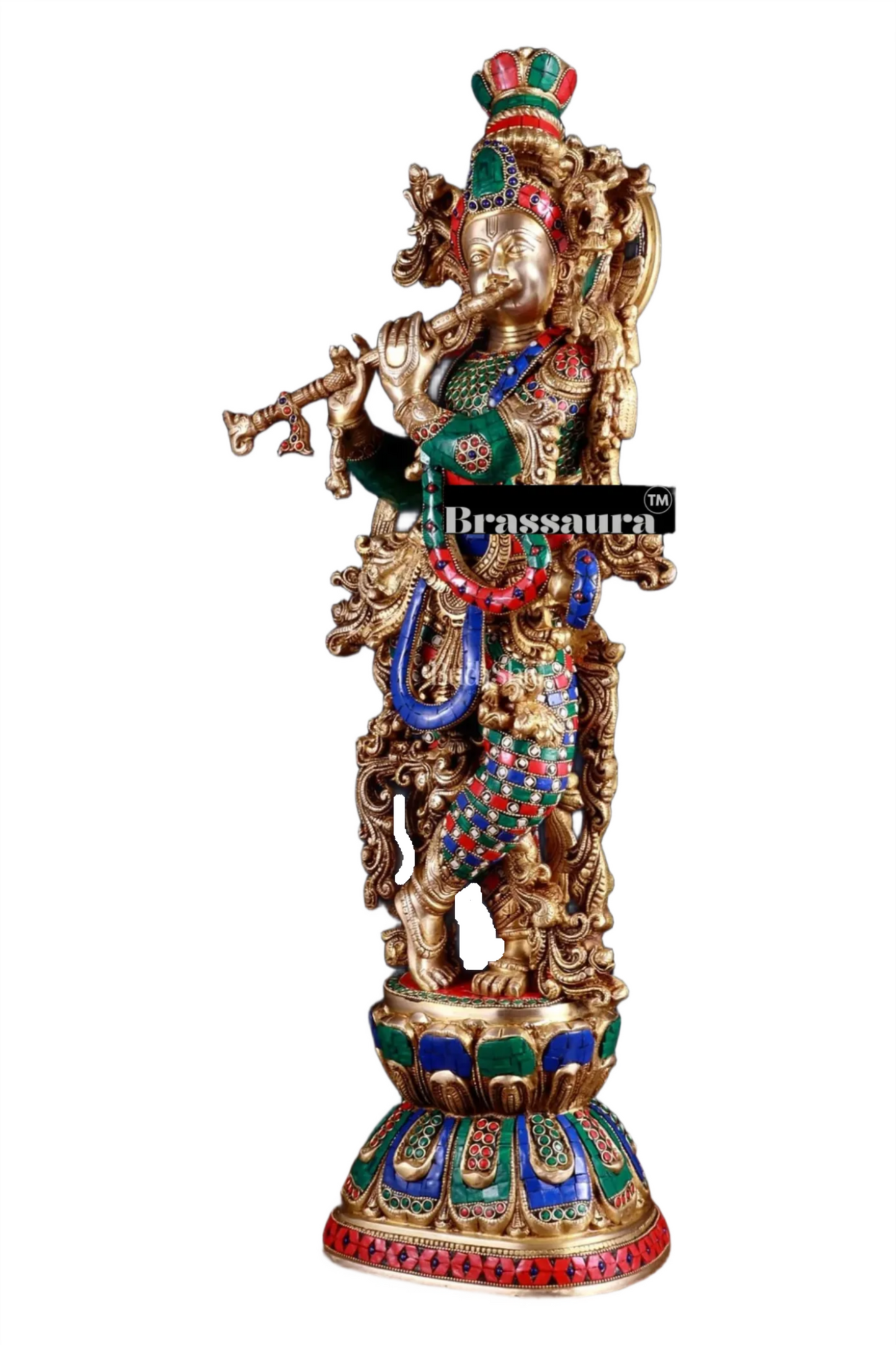 Brassaura™ Brass Krishna Playing Flute Statue with Stonework – Height 29 Inches & Weight 20 Kgs