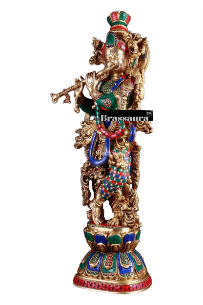 Brassaura™ Brass Krishna Playing Flute Statue with Stonework – Height 29 Inches & Weight 20 Kgs