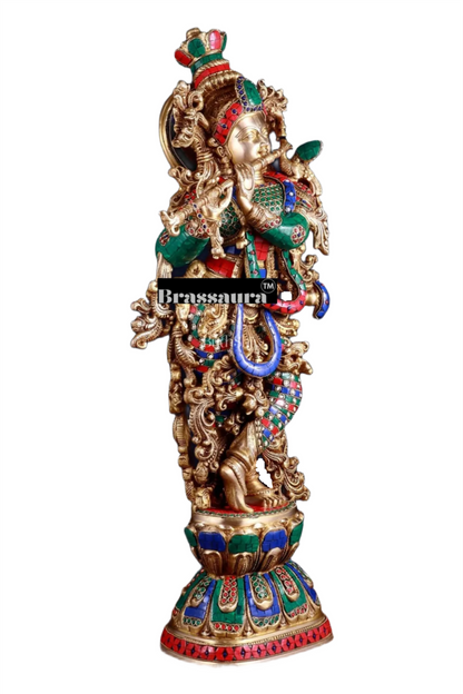 Brassaura™ Brass Krishna Playing Flute Statue with Stonework – Height 29 Inches & Weight 20 Kgs